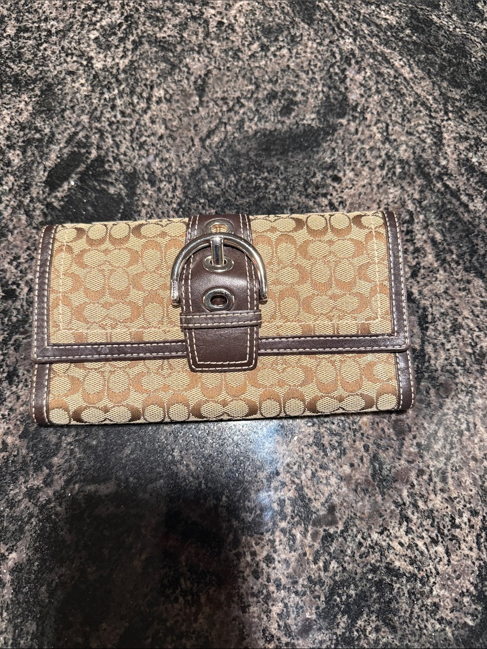 Coach Tan and Brown Signature Canvas Buckle Wallet